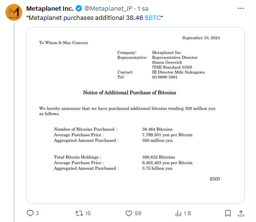 Japon Şirketi Metaplanet 38,46 Bitcoin Daha Satın Alarak BTC Varlıklarını Artırdı - 1