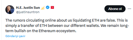 Ethereum Transferleri Hakkında Konuştu! Justin Sun, ETH Satış İddialarını Yalanladı - 1