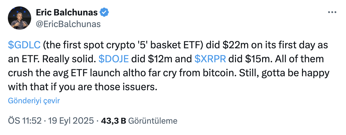 BTC, ETH, SOL, XRP ve ADA’yı Kapsayan ETF İlk İşlem Gününde 22 Milyon Doları Gördü - 1
