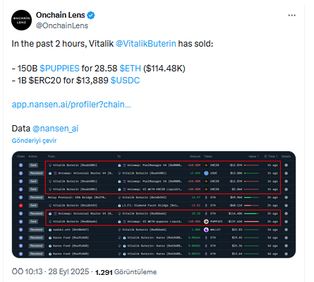 Vitalik Buterin 150 Milyar Puppies satışı gerçekleştirdi Kaynak Onchain Lens