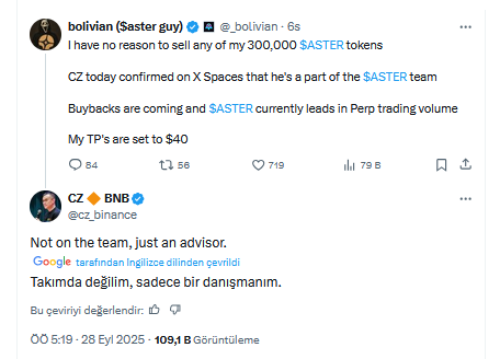 Binance Kurucusu Changpeng Zhao (CZ) Aster İçin Açıklama Yaptı - 1