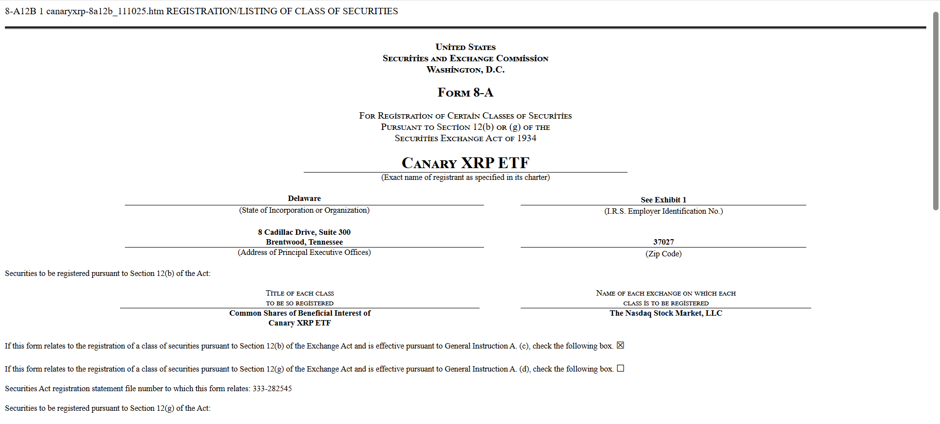Canary XRP ETF İle İlgili Form 8-A Başvurusu