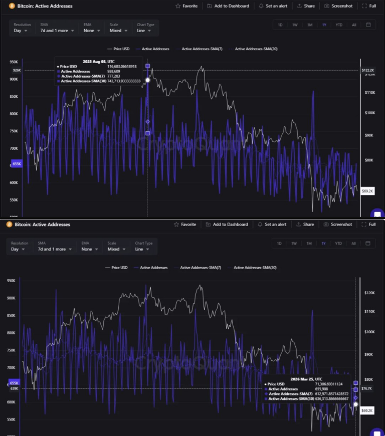 8 Ağustos 2025 ile 25 Mart 2026 tarihleri arasındaki Bitcoin aktif adreslerinin analizi