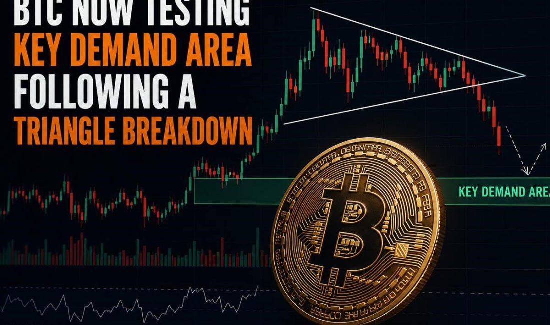 BTC, Üçgen Kırılımı Sonrası Kritik Talep Bölgesini Test Ediyor Bitcoin, simetrik üçgen formasyonundan aşağı yönlü kırılımın ardından önemli bir