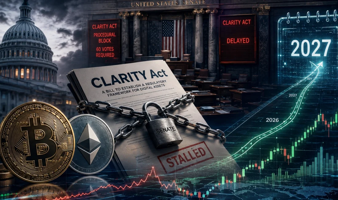 CLARITY Act Senato’da Takıldı: Kripto Para Piyasası 2027’yi Fiyatlıyor CLARITY Act’in 2026’da yasalaşma ihtimali Senato’daki gecikmelerle zayıfladı. Kalshi verileri,