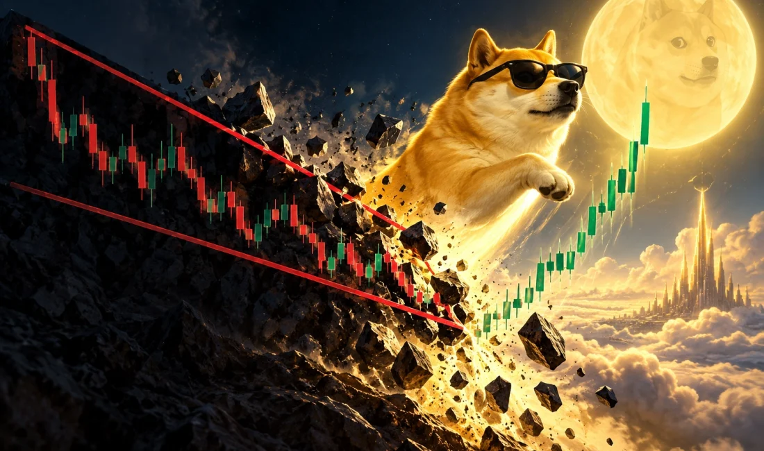 Dogecoin fiyatı günlük grafikte aylardır baskı yaratan düşen takoz formasyonunun
