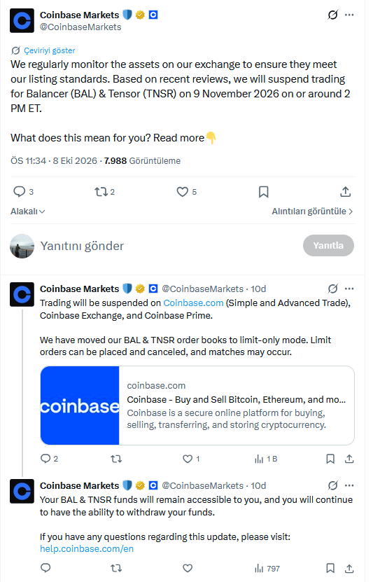 Coinbase'in BAL ve TNSR Coin İçin Yaptığı Duyuru