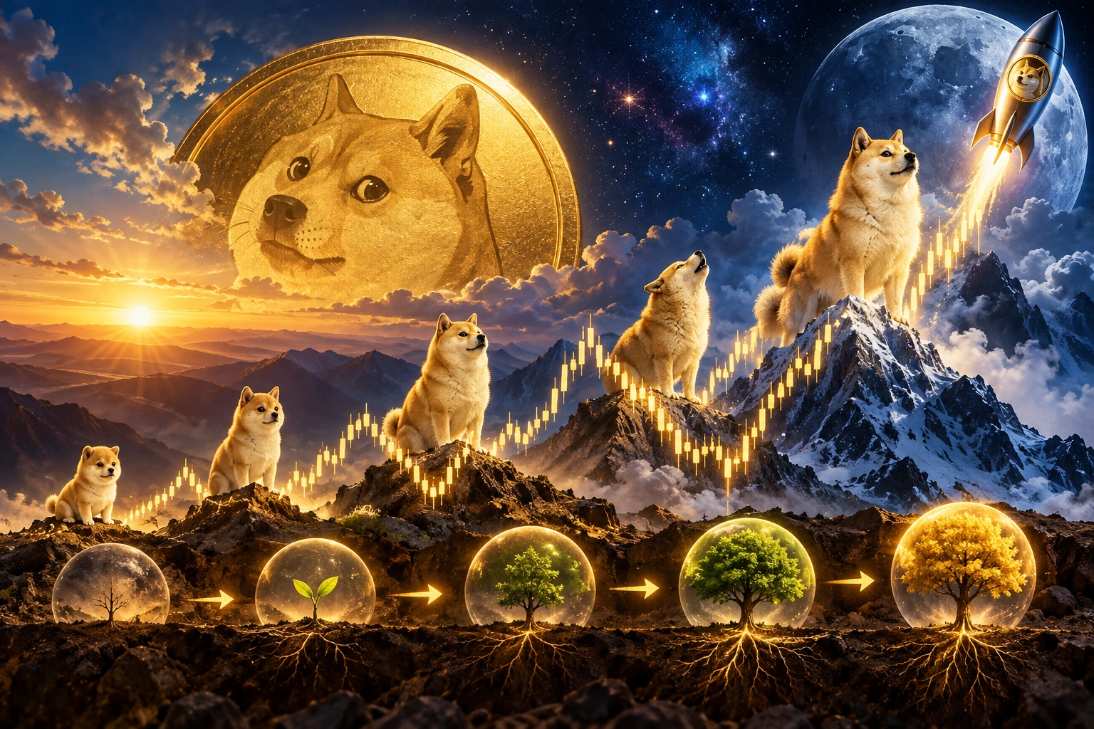Dogecoin’in haftalık grafiğinde geçmiş piyasa döngülerine benzeyen uzun vadeli bir